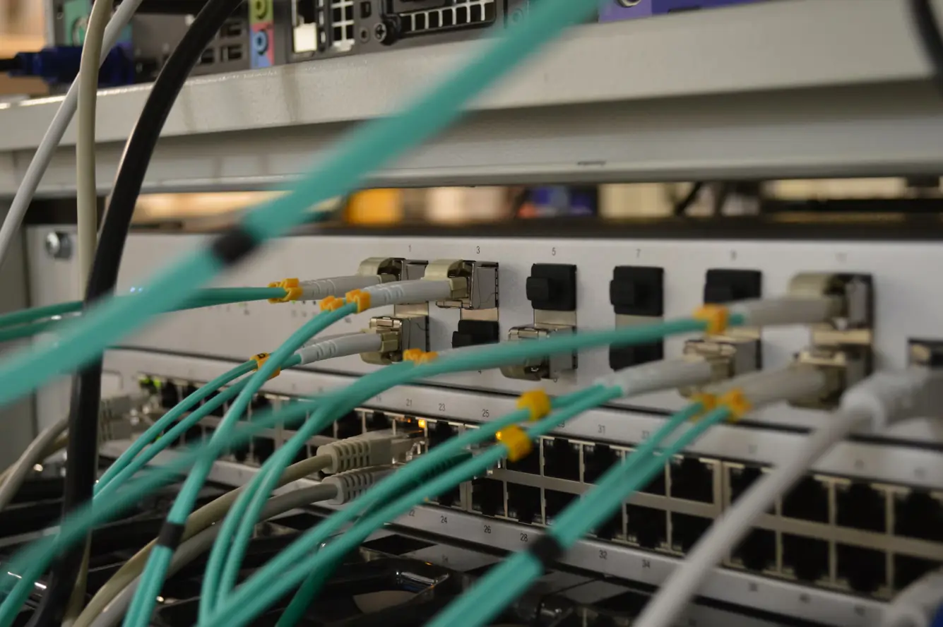 Détail de câblage réseau entretenu dans un centre de données pour une connectivité optimale