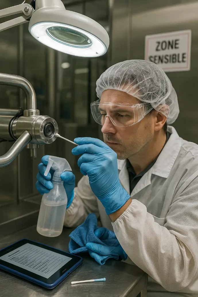 Spécialiste effectuant un micro-detailing sur une pièce machine critique en zone pharma