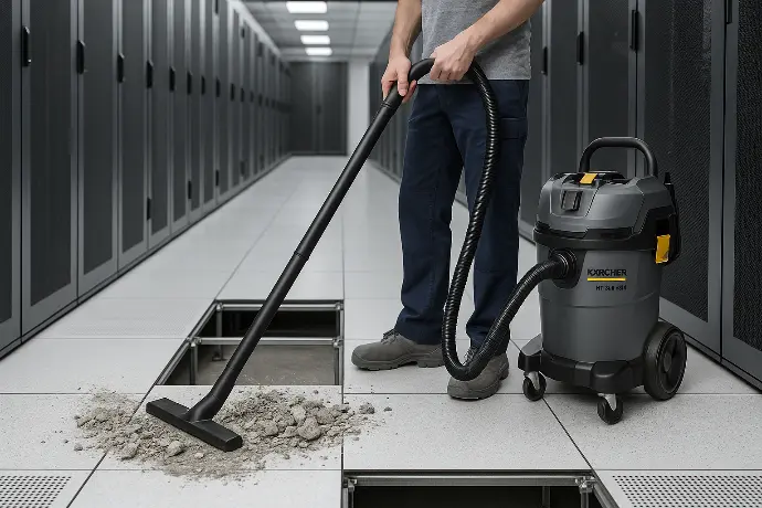 Nettoyage des résidus de béton sous le faux-plancher d'une salle IT
