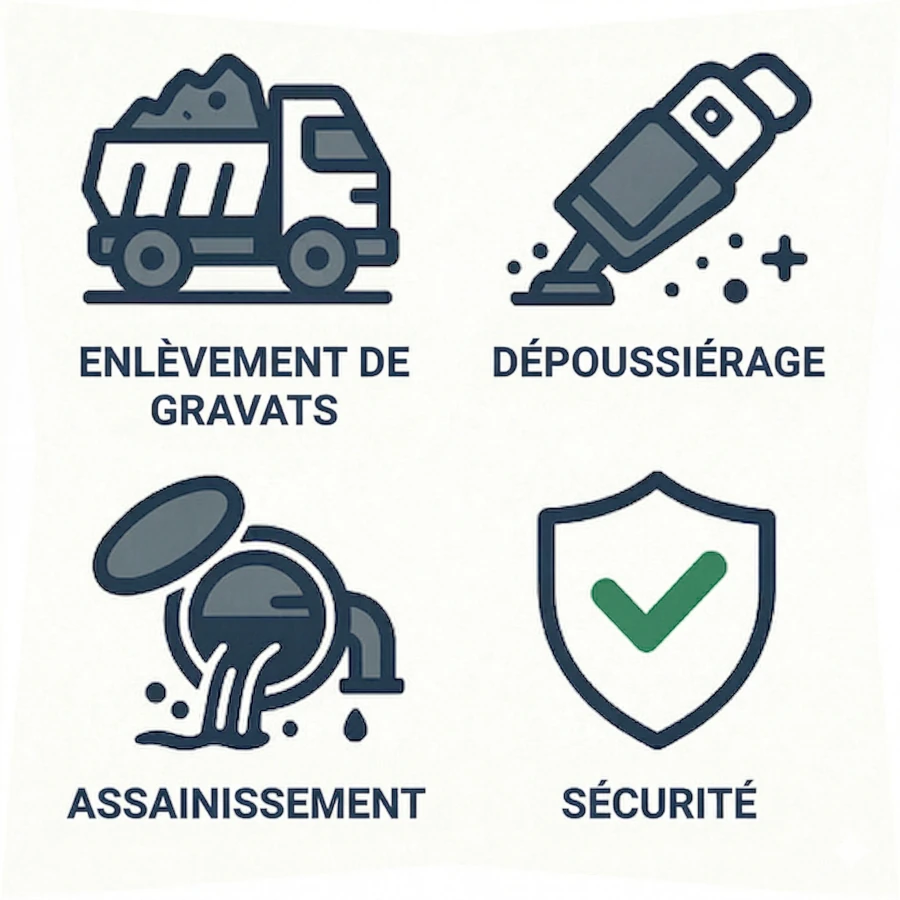 Services de nettoyage après construction pour salles IT : enlèvement des gravats, dépoussiérage technique, assainissement et mise en sécurité.