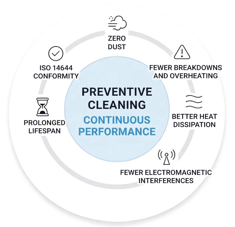 Diagram of preventive cleaning benefits: ISO 14644 conformity, heat dissipation and data center longevity